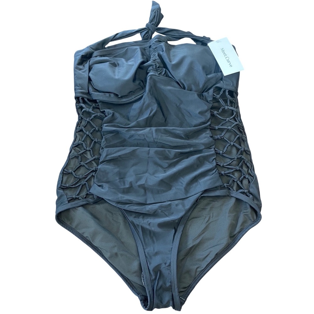 Meet.Curve Womens Black Ruched Halter One‎ Piece Swimsuit Macrame Cutout XL NEW